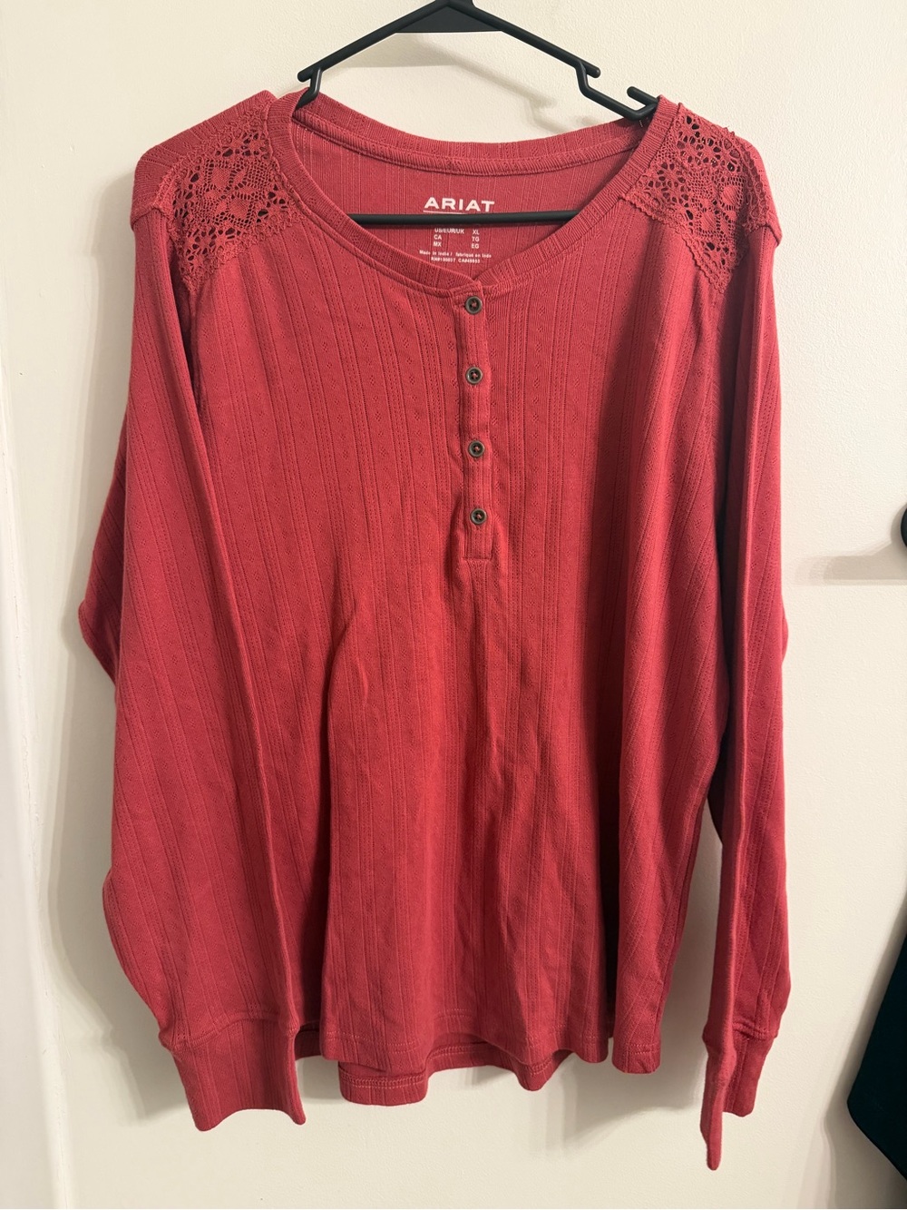Ariat Lace-Shoulder Henley Long Sleeve Top in Brick